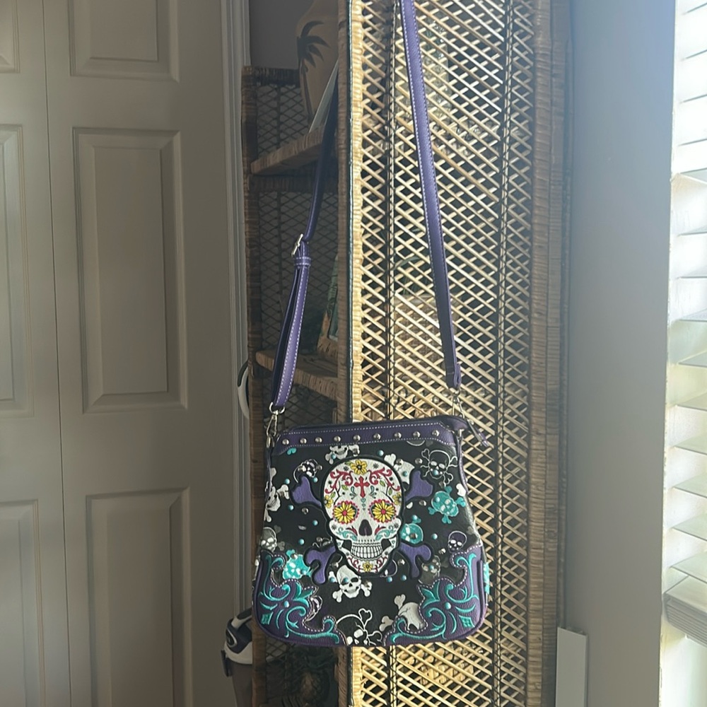Black and purple Crossbody sugar skull handbag